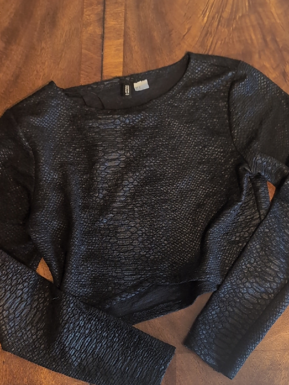 Divided Black Textured Long-Sleeve Crop Top